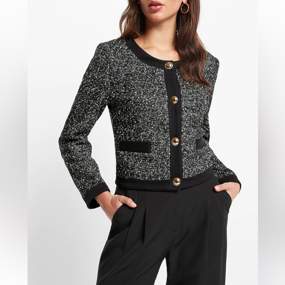 Speckled Tweed Novelty Button Cropped Blazer - Size XS